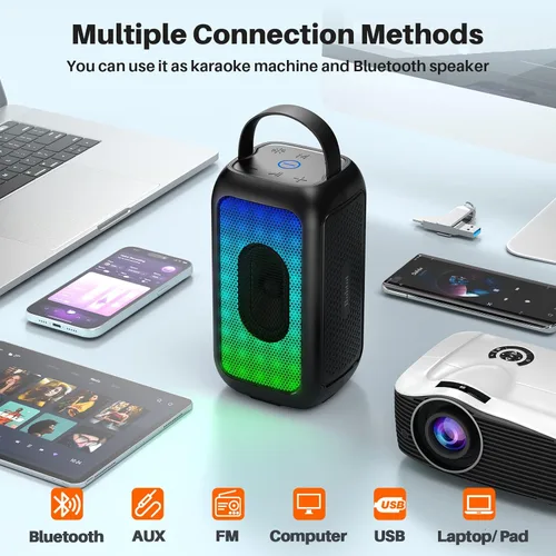 Vista 3 de Bobtot Altavoz Bluetooth portátil inalámbrico, 16 horas de reproducción, pequeños altavoces de karaoke con micrófono, sonido mágico, eco, modo