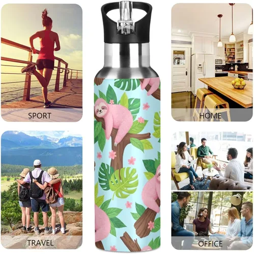 Vista 5 de Insulated Water Bottle 32 Oz, Leakproof Water Bottles for Gym Outdoor Travel School, Cute Pink Sloths Green Leaves