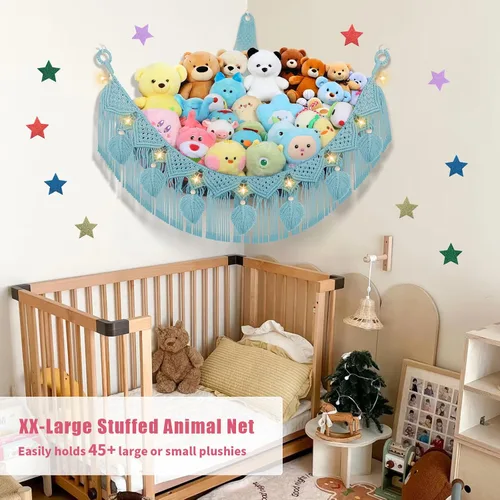 Vista 2 de Hamaca Esquinera para Animales de Peluche - Jumbo de 56'' Hecha a Mano con Cordón Doble de Macramé de 5mm, Red de Almacenamiento de Animales