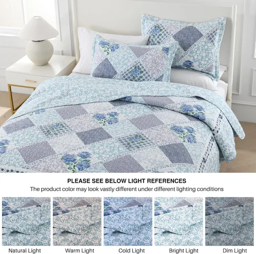 Vista 8 de DDUOXIN Colcha floral extragrande tamaño King de 128 x 120 pulgadas, edredón reversible de 100 % algodón con 2 fundas de almohada, cubrecamas de Azul