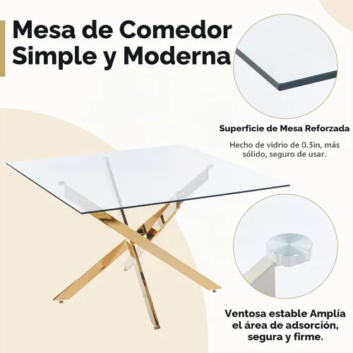 Vista 6 de 36-Inch Square Glass Dining Table Set with 4 Faux Leather High-Back Chairs - Modern Metal Cross-Leg Table with Comfortable C-Leg Seats for Modern