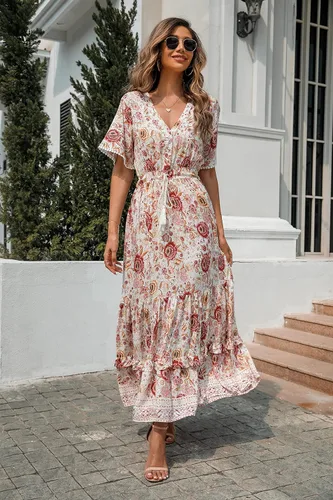 Vista 4 de R.Vivimos - Vestido por debajo de la rodilla para mujer, de manga corta, de algodón, con cuello en V, diseño floral y estilo informalbohemio