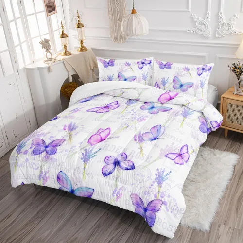 Vista 3 de Juego de edredón de mariposa tamaño individual para niñas, niños y adultos, juego de ropa de cama con patrón de flores de lavanda, juego de cama