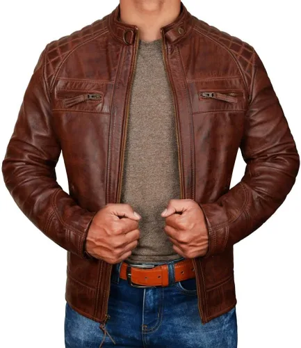Vista 2 de STOREJEES Chaqueta de cuero para motocicleta para hombre, color negro, ajuste delgado, color marrón, estilo Moto Racer, moda atemporal para hombre