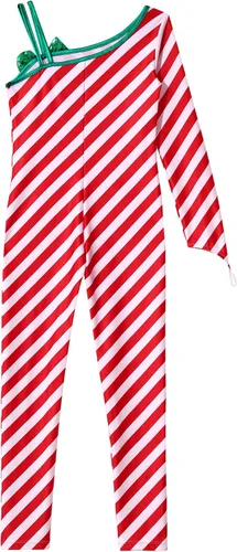 Vista 4 de iiniim Girls Kids Xmas Candy Cane Striped Unitard One Shoulder Jumpsuit Ballet Dance Cheer Performance Costume