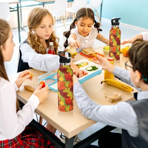 Vista 6 de Kids Water Bottle for School, Water Bottle Stainless Steel for Travel or School 20 Oz, BPA-Free, Autumn Leaves Orange Red