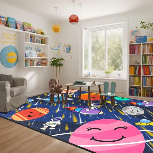 Vista 12 de Alfombra espacial para habitación de niños, alfombra de galaxia para niños, alfombras espaciales para dormitorio de niños, decoración