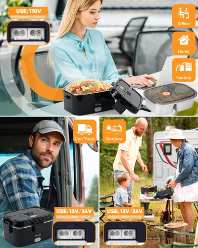 Vista 2 de Eocolz Fiambrera eléctrica calentador de alimentos de 100 W, calentador de alimentos con doble contenedor, 1.8 L, lonchera portátil con calefacción