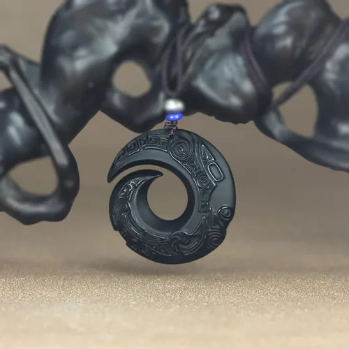 Vista 5 de caiyufeng Natural Boutique - Colgante de obsidiana de la suerte con cadena de cuentas joyería para hombre colgante de jade color negro Madera