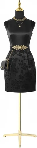 Vista 2 de Modista maniquí femenino: torso de medio cuerpo con altura ajustable, terciopelo corto negro esponjoso, base de metal dorado
