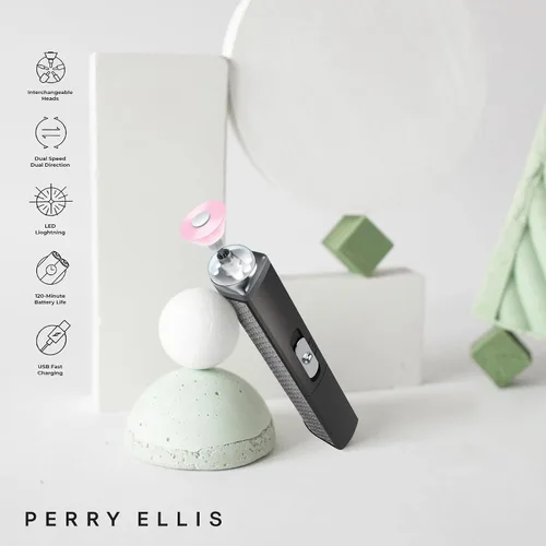 Vista 6 de Perry Ellis Lima de uñas eléctrica inalámbrica con luz LED, mango recargable por USB con 5 cabezales intercambiables, taladro eléctrico para uñas