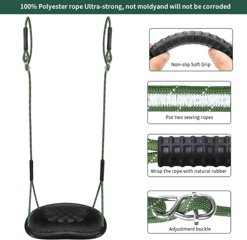 Vista 5 de Columpio resistente para árbol, asiento de columpio para exteriores con capacidad de 550 libras para adultos y niños, altura ajustable con cuerdas