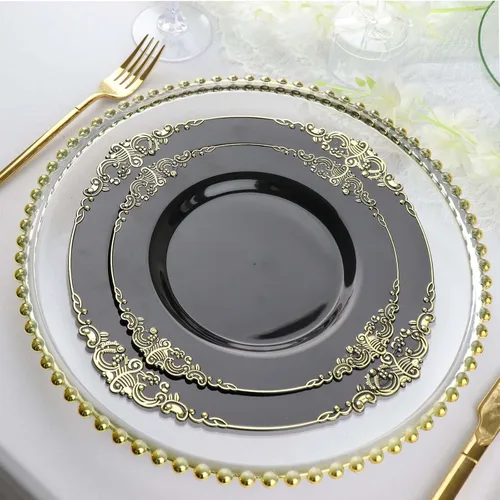 Vista 2 de Efavormart - Paquete de 10 platos de postre barrocos negros y dorados de 8 pulgadas, platos de aperitivo resistentes con borde metálico en relieve