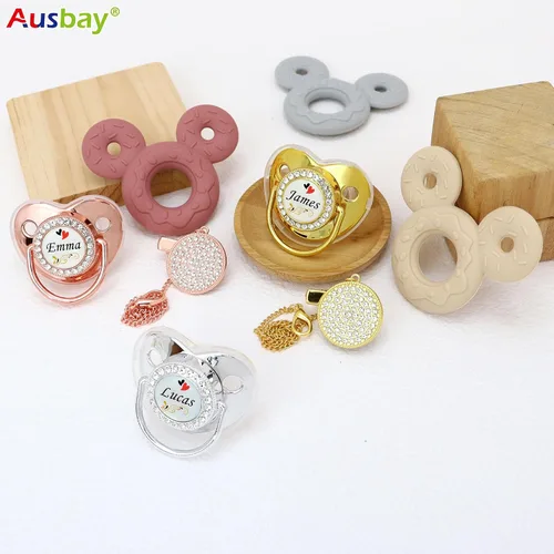 Vista 3 de Juego de chupete personalizado y clip para chupete con nombre, chupete personalizado, nombre y cadena personalizados, juguetes mordedores de Dorado