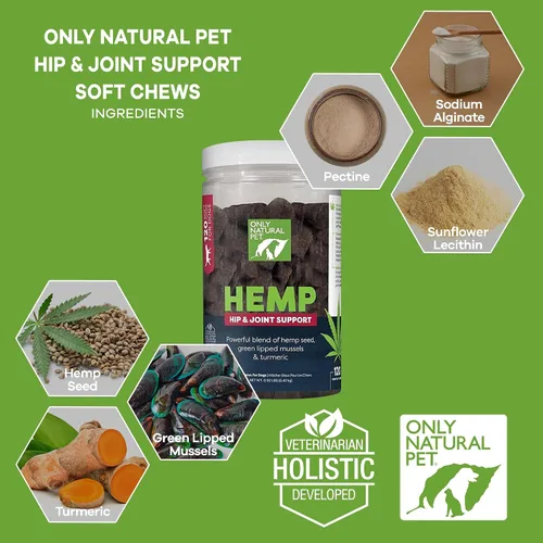 Vista 2 de Only Natural Pet Soporte de cáñamo para cadera y articulaciones para perros, suplemento para movilidad, bienestar, alivio del dolor, inflamación