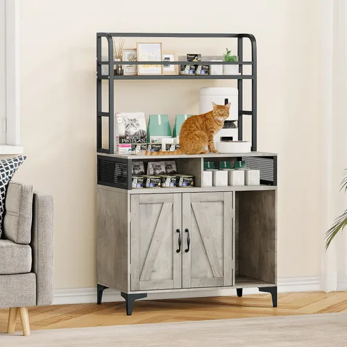 Vista 8 de Caja de arena para gatos con almacenamiento de estantes, muebles ocultos, gran caja de arena oculta para gatos, almacenamiento de madera para baño