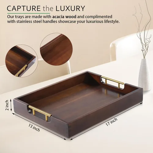 Vista 2 de Joy&Grace - Bandeja otomana de madera de acacia con asas de 17 x 13 pulgadas Marrón