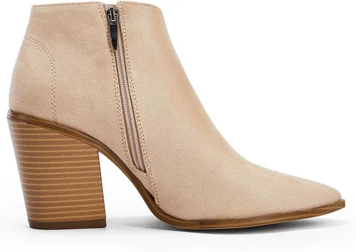Vista 3 de Botas de tobillo para mujer con corte en V, puntera puntiaguda, tacón grueso, cremallera lateral, botas Chelsea