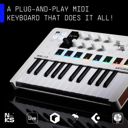 Vista 5 de Arturia MiniLab Controlador de teclado MIDI USB de 3 a 25 teclas con 8 almohadillas de batería multicolor, 8 perillas y software de producción