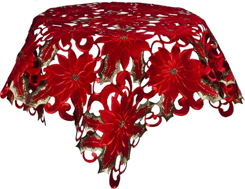 Vista 2 de Linens, Art and Things Mantel cuadrado pequeño bordado con diseño de flores de pascua rojas, diseño de flores de pascua rojas, hojas verdes, 33