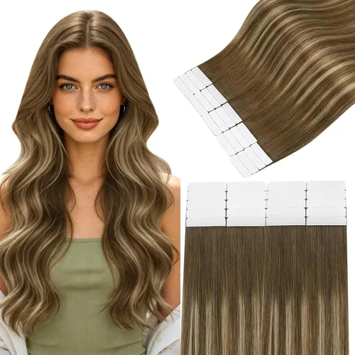 Vista 12 de Easyouth Extensiones de cabello humano rubio con cinta, extensiones de cabello humano rubio blanco, 12 pulgadas, 20 unidades, 1.06 onzas