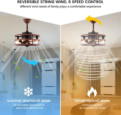 Vista 4 de OUKANING Ventilador de techo enjaulado con luz, reversible de 3 velocidades ajustables, ventilador de techo sin aspas con control remoto