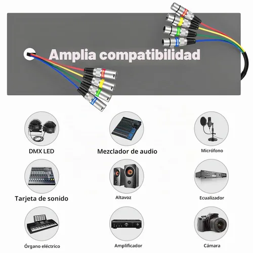 Vista 3 de Cables XLR Snake de 3 pies 4 colores, 4 canales macho a hembra XLR cable de micrófono Cable de conexión de serpiente de 3 pines para grabación