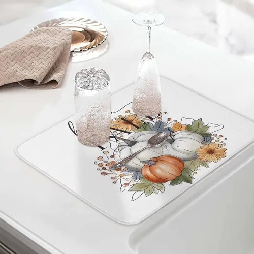 Vista 5 de Tapete de secado de platos para encimera de cocina, tapete escurridor de microfibra para biberón de bebé, calabaza gris y naranja de Acción