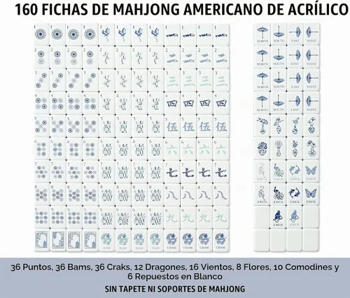 Vista 5 de Juego de azulejos Mahjong acrílicos grabados de 4 capas, 160 piezas con azul (04-Chinoiserie-Blue)