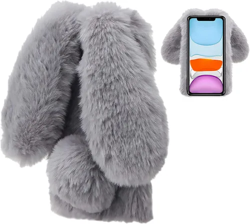 Vista 11 de LCHDA Funda de conejo para iPhone 13 Mini de 5.4 pulgadas, lindas orejas de conejo 3D, bola de pelo suave y peluda, cálida, de piel sintética