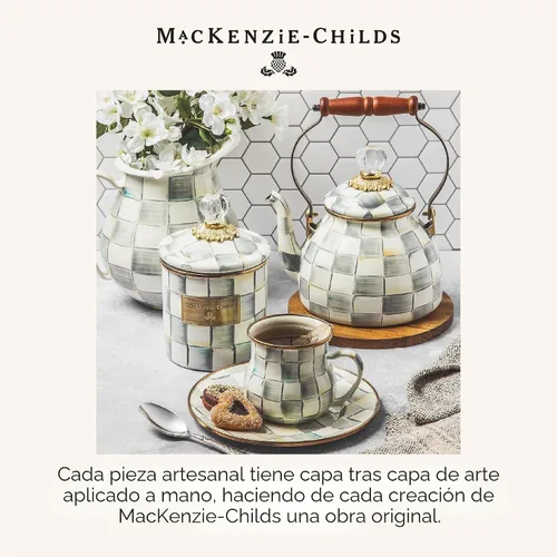 Vista 6 de MACKENZIE-CHILDS - Hervidor de té, 2 cuartos de galón, gris y blanco Diseño pintado a mano, hecho de acero esmaltado con mango de madera, ideal