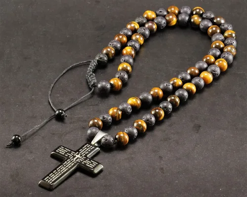 Vista 2 de Cross Necklace & Natural Tiger Eye Black Lava Gemstone Protection Beaded Long Macrame Adjustable Necklace Gift For Men's Christmas Gift