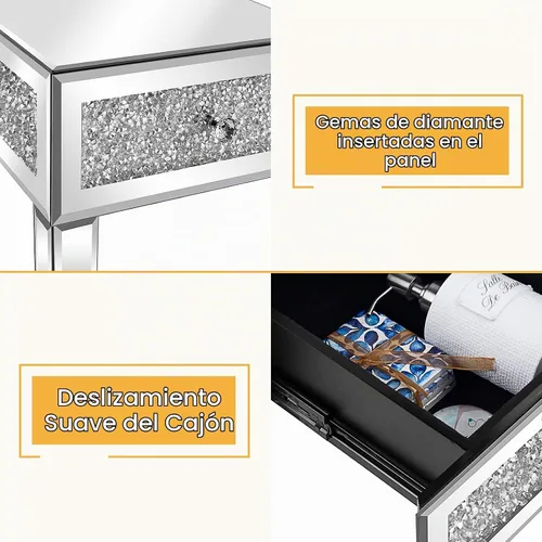 Vista 8 de VINGLI Mesa auxiliar estrecha con espejo, pequeña mesa auxiliar para sofá/sofá/cama con almacenamiento, mesita de noche de cristal delgada