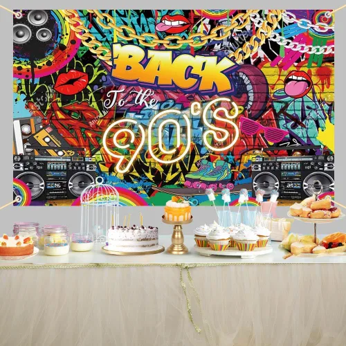 Vista 5 de AIBIIN Back to The 90'S Backdrop Retro Hip-Hop Graffiti tema de los años 90 Fotografía Fondo Disco Pared de ladrillo Hip Hop Retro Radio Música