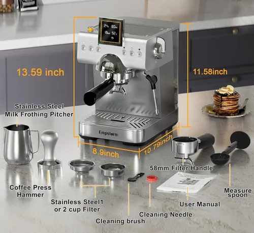 Vista 7 de Empstorm Cafetera Espresso 20 Bares con Espumador de Leche de Vapor, Cafetera Espresso de Acero Inoxidable con Pantalla LED Cafetera para Café