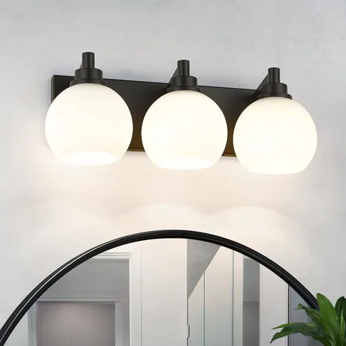 Vista 47 de Accesorios de iluminación de baño, luz de tocador mate negra de 2 luces, apliques de pared modernos con pantalla de globo de vidrio transparente