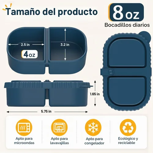 Vista 3 de ICEROYCE - Paquete de 3 recipientes de silicona para niños, lonchera de 2 compartimentos 8 oz Capacity, Leakproof Lid, Food Grade Silicone