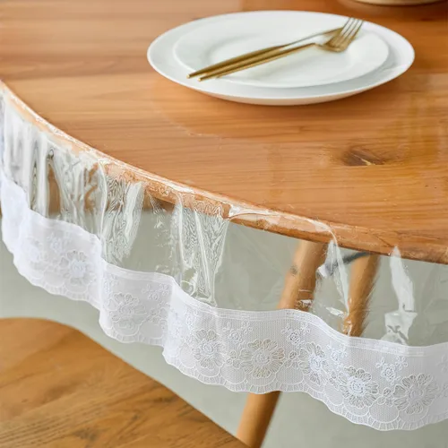 Vista 5 de Protector de mantel de plástico transparente, redondo, impermeable, de vinilo, PVC, con borde de encaje blanco, a prueba de derrames de aceite