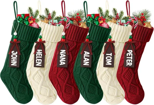 Vista 10 de Hommtina Medias de Navidad, medias de Navidad personalizadas de 18 pulgadas, de gran tamaño, punto trenzado, regalos (4 unidades, blanco y rojo)