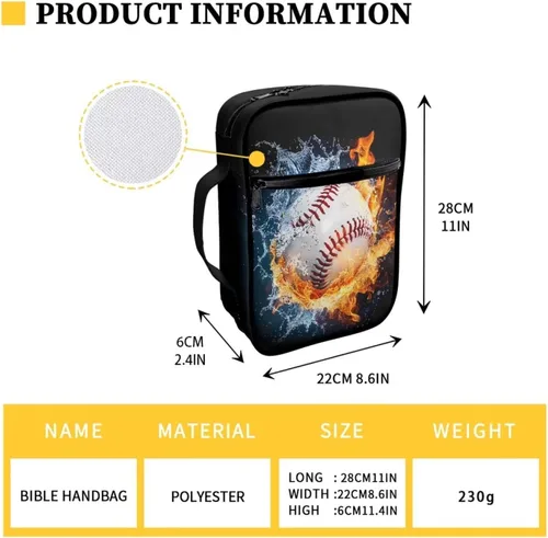 Vista 7 de Funda para la Biblia de Béisbol con Impresión de Agua y Fuego para Niños, Fundas Ligeras para la Biblia, Bolso de Mano para Estudio de la Biblia