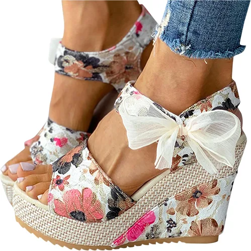 Vista 2 de AIHOU Sandalias para mujer, sandalias de plataforma con diseño de flor, pescado, boca de cuña, sandalias casuales con tiras al tobillo para verano