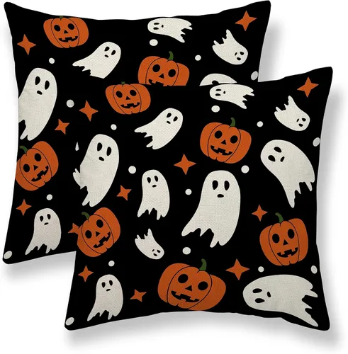 Vista 10 de Juego de 2 fundas de almohada de otoño de 16 x 16 pulgadas, con estampado de calabaza de otoño naranja quemado, fundas decorativas para cojín