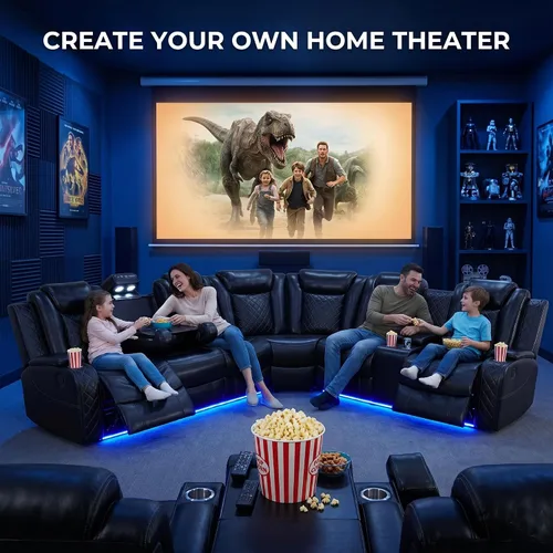 Vista 6 de Sofá seccional reclinable eléctrico con asiento de cine en casa con LED y puerto USB L Shaped Reclining Couch with Reading Lamp, Cup Negro