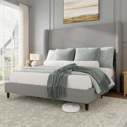 Vista 11 de Jocisland Base de Cama de Plataforma Completamente Tapizada con Cabecero Wingback de 51.2" de Alto–Patas de Madera Sólida, No Necesita Somier, Lino