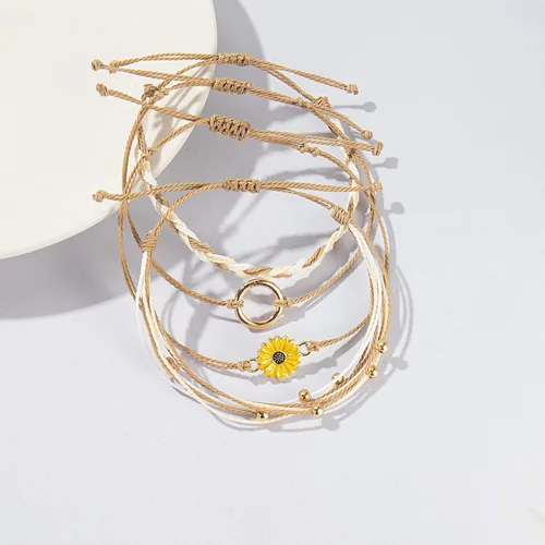 Vista 5 de Pulsera de cuerda trenzada hecha a mano con diseño de girasol para adolescentes y mujeres