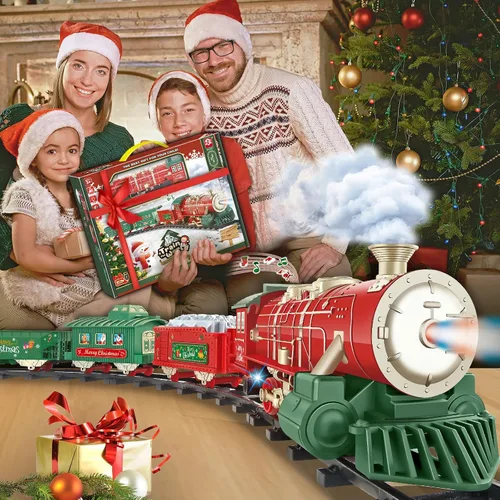Vista 8 de Juego de tren de Navidad para alrededor del árbol con sonidos, luces y humo, juguetes de tren eléctrico para niños pequeños con 3 autos y 14 pistas