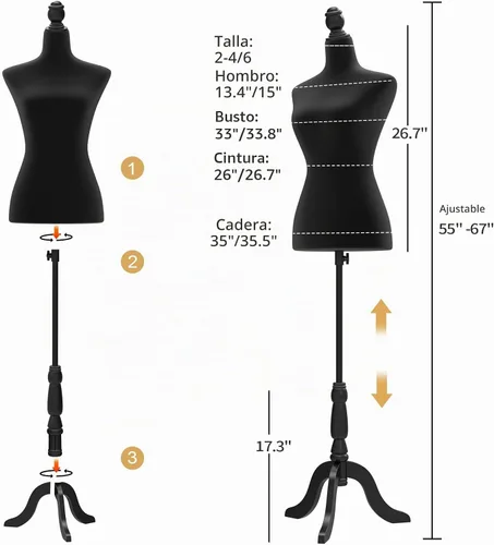 Vista 2 de Bonnlo Maniquí de costura, apto para clavar alfileres, para vestido de mujer, con base de trípode de madera.