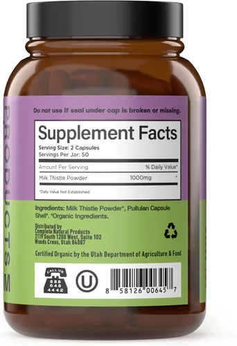 Vista 3 de Complete Natural Products Cápsulas puras de cardo mariano orgánico - 500 mg de polvo de silimarina 100 píldoras