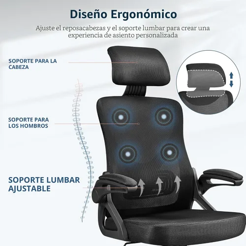 Vista 6 de Yaheetech Silla de oficina ergonómica con reposacabezas, soporte lumbar Negro