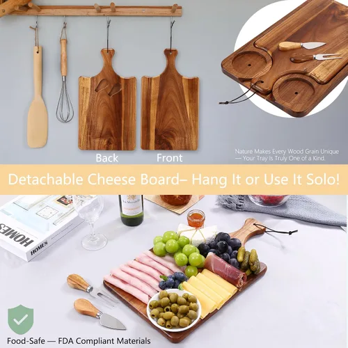 Vista 5 de Nnewvante Mesa de Brazo de Sofá con Tabla de Quesos, 4 en 1 Grande 15.7"x9.85" Madera de Acacia Bandeja con Clip para Brazo de Sofá con 360°